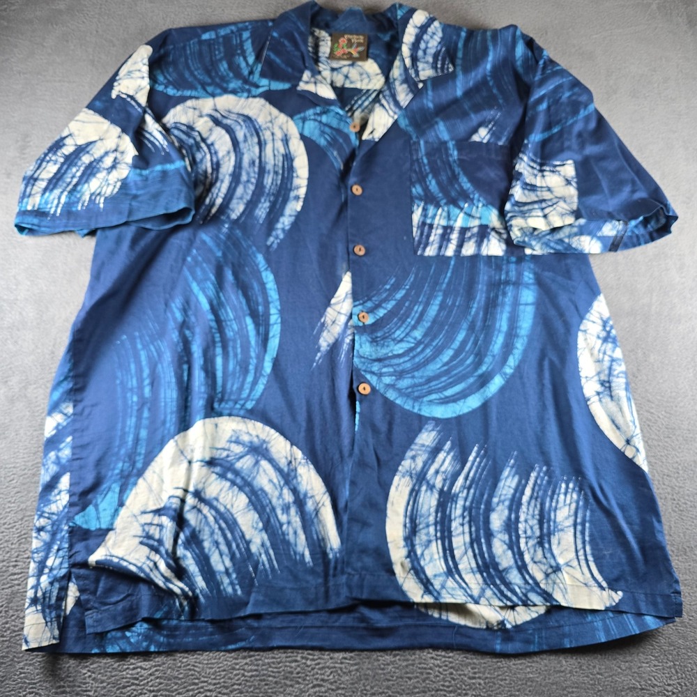 Caribelle Batik St Kitts Mens Blue White Abstract Swirl Short Sleeve Shirt XL